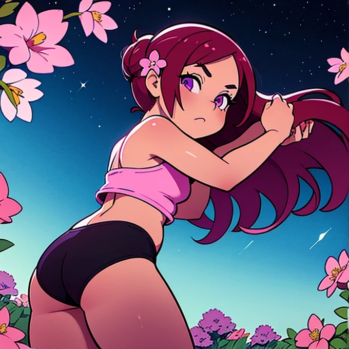 best quality, detailed anime illustration, outdoors, starry sky, nighttime, shoulders exposed, 1 young girl in dark pink crop top with flower, with purple eyes and dark red hair, brests revealed from underneath, stay in garden, one girl, photo from backside, looking over shoulder, bending over, tight black silk panties, soft panties, shiny silk panties