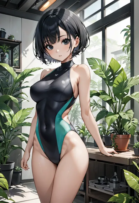 1girl, solo, breasts, short hair, black hair, navel, swimsuit, indoors, black eyes, one-piece swimsuit, plant, potted plant