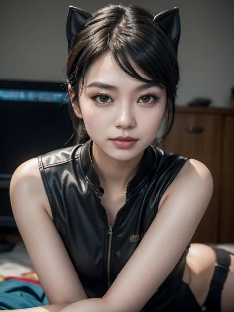 asian woman, youngh, 24 years, dressed in catwoman uniform,