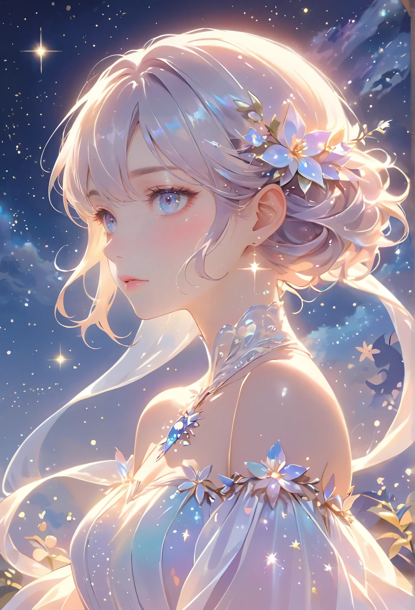 A girl standing alone under the starry night sky, with her silhouette illuminated by the soft moonlight and twinkling stars. Her face is beautifully detailed, with mesmerizing eyes that seem to reflect the universe itself, long and fluttering eyelashes, and exquisitely defined lips. She is dressed in an elegant gown, flowing and ethereal, embracing her figure gracefully as it glimmers with a subtle celestial glow. The intricate details of her dress catch the faint starlight, creating a mesmerizing sparkle. The surrounding landscape showcases a serene garden, lush with vibrant foliage and colorful flowers. The air is filled with a gentle breeze, causing the leaves to rustle and the flowers to sway delicately. The garden is bathed in a warm, dreamy color palette, with hues of deep blues, purples, and hints of silver. The atmosphere is calm and tranquil, evoking a sense of peace and serenity. The artwork is of the highest quality, meticulously created with ultra-detailed brushstrokes and precise attention to every element. The texture and depth of the painting are breathtaking, with a sense of realism and photorealism that captures the awe-inspiring beauty of the night sky. The lighting is soft and diffused, casting a gentle glow over the entire scene, enhancing the magical ambiance. The girl's presence radiates a sense of mystery and wonder, as if she holds a secret connected to the celestial beings above. The overall composition evokes a feeling of timelessness and captures the essence of a StarSign, an artwork that embodies the celestial beauty and inner strength of a girl in harmony with the stars.