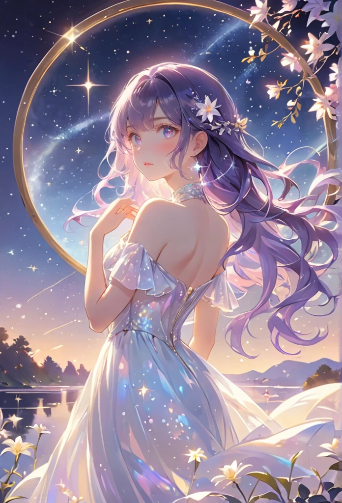 A girl standing alone under the starry night sky, with her silhouette illuminated by the soft moonlight and twinkling stars. Her face is beautifully detailed, with mesmerizing eyes that seem to reflect the universe itself, long and fluttering eyelashes, and exquisitely defined lips. She has very long dark purple hair and is dressed in an elegant gown, flowing and ethereal, embracing her figure gracefully as it glimmers with a subtle celestial glow. The intricate details of her dress catch the faint starlight, creating a mesmerizing sparkle. The surrounding landscape showcases a serene garden, lush with vibrant foliage and colorful flowers. The air is filled with a gentle breeze, causing the leaves to rustle and the flowers to sway delicately. The garden is bathed in a warm, dreamy color palette, with hues of deep blues, purples, and hints of silver. The atmosphere is calm and tranquil, evoking a sense of peace and serenity. The artwork is of the highest quality, meticulously created with ultra-detailed brushstrokes and precise attention to every element. The texture and depth of the painting are breathtaking, with a sense of realism and photorealism that captures the awe-inspiring beauty of the night sky. The lighting is soft and diffused, casting a gentle glow over the entire scene, enhancing the magical ambiance. The girl's presence radiates a sense of mystery and wonder, as if she holds a secret connected to the celestial beings above. The overall composition evokes a feeling of timelessness and captures the essence of a StarSign, an artwork that embodies the celestial beauty and inner strength of a girl in harmony with the stars.