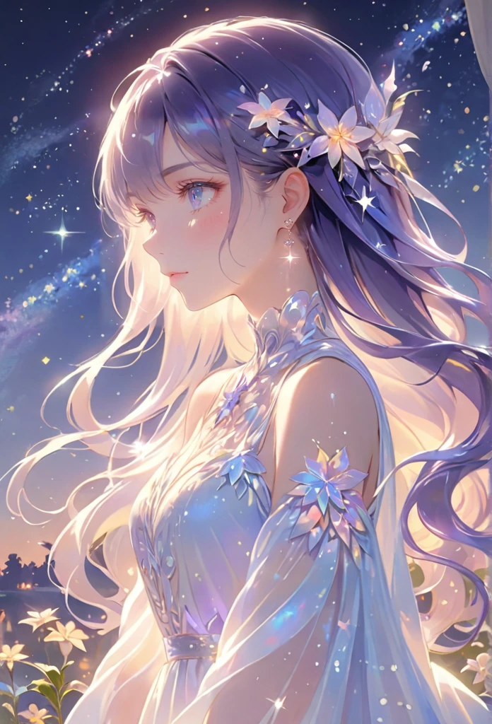 A girl standing alone under the starry night sky, with her silhouette illuminated by the soft moonlight and twinkling stars. Her face is beautifully detailed, with mesmerizing eyes that seem to reflect the universe itself, long and fluttering eyelashes, and exquisitely defined lips. She has very long dark purple hair and is dressed in an elegant gown, flowing and ethereal, embracing her figure gracefully as it glimmers with a subtle celestial glow. The intricate details of her dress catch the faint starlight, creating a mesmerizing sparkle. The surrounding landscape showcases a serene garden, lush with vibrant foliage and colorful flowers. The air is filled with a gentle breeze, causing the leaves to rustle and the flowers to sway delicately. The garden is bathed in a warm, dreamy color palette, with hues of deep blues, purples, and hints of silver. The atmosphere is calm and tranquil, evoking a sense of peace and serenity. The artwork is of the highest quality, meticulously created with ultra-detailed brushstrokes and precise attention to every element. The texture and depth of the painting are breathtaking, with a sense of realism and photorealism that captures the awe-inspiring beauty of the night sky. The lighting is soft and diffused, casting a gentle glow over the entire scene, enhancing the magical ambiance. The girl's presence radiates a sense of mystery and wonder, as if she holds a secret connected to the celestial beings above. The overall composition evokes a feeling of timelessness and captures the essence of a StarSign, an artwork that embodies the celestial beauty and inner strength of a girl in harmony with the stars.