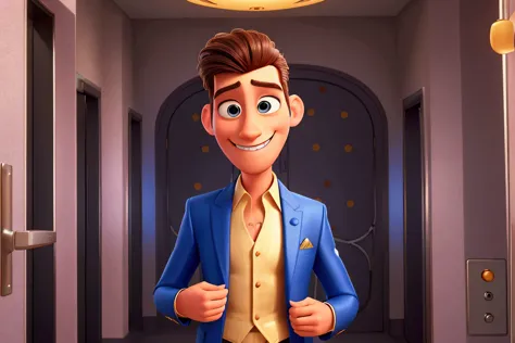 in 2024, a men smiling, with beautiful suit, beautiful face, facing camera, taking luxuous elevator to the fifth floor, extremely detailed, vibrant colors, exceptional sharpness, PIXAR style
