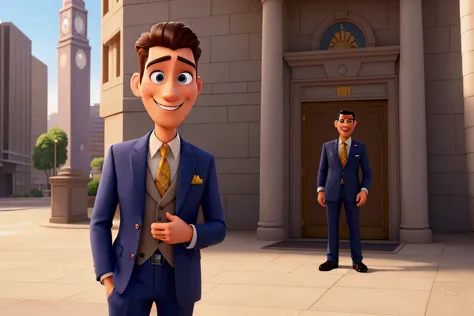 in 2024, a men smiling, with classic suit, beautiful face, facing camera,  in front of a big building, greeting the security guard, extremely detailed, vibrant colors, exceptional sharpness, PIXAR style
