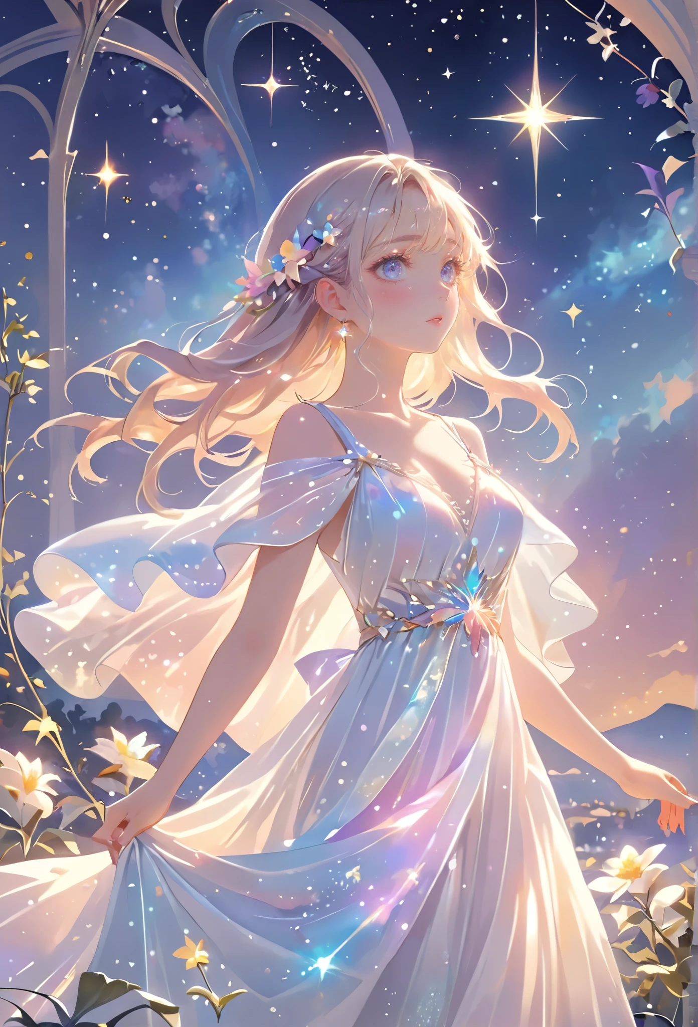 A girl standing alone under the starry night sky, with her silhouette illuminated by the soft moonlight and twinkling stars. Her face is beautifully detailed, with mesmerizing eyes that seem to reflect the universe itself, long and fluttering eyelashes, and exquisitely defined lips. She is dressed in an elegant gown, flowing and ethereal, embracing her figure gracefully as it glimmers with a subtle celestial glow. The intricate details of her dress catch the faint starlight, creating a mesmerizing sparkle. The surrounding landscape showcases a serene garden, lush with vibrant foliage and colorful flowers. The air is filled with a gentle breeze, causing the leaves to rustle and the flowers to sway delicately. The garden is bathed in a warm, dreamy color palette, with hues of deep blues, purples, and hints of silver. The atmosphere is calm and tranquil, evoking a sense of peace and serenity. The artwork is of the highest quality, meticulously created with ultra-detailed brushstrokes and precise attention to every element. The texture and depth of the painting are breathtaking, with a sense of realism and photorealism that captures the awe-inspiring beauty of the night sky. The lighting is soft and diffused, casting a gentle glow over the entire scene, enhancing the magical ambiance. The girl's presence radiates a sense of mystery and wonder, as if she holds a secret connected to the celestial beings above. The overall composition evokes a feeling of timelessness and captures the essence of a StarSign, an artwork that embodies the celestial beauty and inner strength of a girl in harmony with the stars.