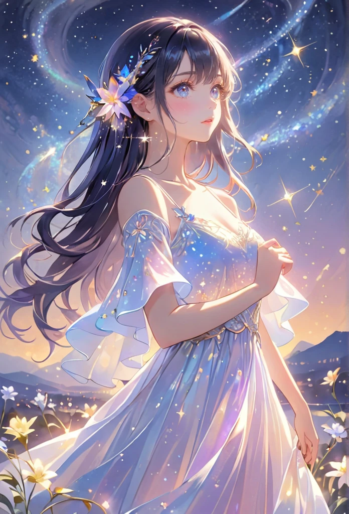 A girl standing alone under the starry night sky, with her silhouette illuminated by the soft moonlight and twinkling stars. Her face is beautifully detailed, with mesmerizing eyes that seem to reflect the universe itself, long and fluttering eyelashes, and exquisitely defined lips. She has very long dark navy hair that shimmers like the starry sky and is dressed in an elegant gown, flowing and ethereal, embracing her figure gracefully as it glimmers with a subtle celestial glow. The intricate details of her dress catch the faint starlight, creating a mesmerizing sparkle. The surrounding landscape showcases a serene garden, lush with vibrant foliage and colorful flowers. The air is filled with a gentle breeze, causing the leaves to rustle and the flowers to sway delicately. The garden is bathed in a warm, dreamy color palette, with hues of deep blues, purples, and hints of silver. The atmosphere is calm and tranquil, evoking a sense of peace and serenity. The artwork is of the highest quality, meticulously created with ultra-detailed brushstrokes and precise attention to every element. The texture and depth of the painting are breathtaking, with a sense of realism and photorealism that captures the awe-inspiring beauty of the night sky. The lighting is soft and diffused, casting a gentle glow over the entire scene, enhancing the magical ambiance. The girl's presence radiates a sense of mystery and wonder, as if she holds a secret connected to the celestial beings above. The overall composition evokes a feeling of timelessness and captures the essence of a StarSign, an artwork that embodies the celestial beauty and inner strength of a girl in harmony with the stars.