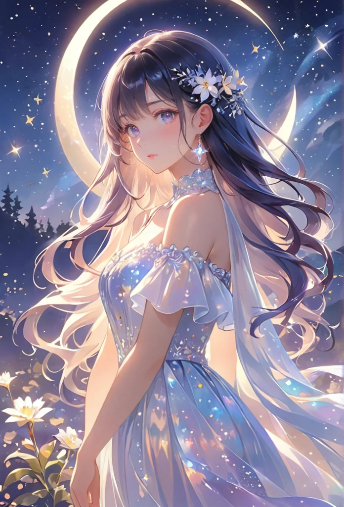 A girl standing alone under the starry night sky, with her silhouette illuminated by the soft moonlight and twinkling stars. Her face is beautifully detailed, with mesmerizing eyes that seem to reflect the universe itself, long and fluttering eyelashes, and exquisitely defined lips. She has very long dark navy hair that shimmers like the starry sky and is dressed in an elegant gown, flowing and ethereal, embracing her figure gracefully as it glimmers with a subtle celestial glow. The intricate details of her dress catch the faint starlight, creating a mesmerizing sparkle. The surrounding landscape showcases a serene garden, lush with vibrant foliage and colorful flowers. The air is filled with a gentle breeze, causing the leaves to rustle and the flowers to sway delicately. The garden is bathed in a warm, dreamy color palette, with hues of deep blues, purples, and hints of silver. The atmosphere is calm and tranquil, evoking a sense of peace and serenity. The artwork is of the highest quality, meticulously created with ultra-detailed brushstrokes and precise attention to every element. The texture and depth of the painting are breathtaking, with a sense of realism and photorealism that captures the awe-inspiring beauty of the night sky. The lighting is soft and diffused, casting a gentle glow over the entire scene, enhancing the magical ambiance. The girl's presence radiates a sense of mystery and wonder, as if she holds a secret connected to the celestial beings above. The overall composition evokes a feeling of timelessness and captures the essence of a StarSign, an artwork that embodies the celestial beauty and inner strength of a girl in harmony with the stars.