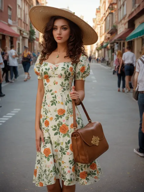 Fashionable woman stands confidently in a busy urban setting.  She wears a knee-length floral print dress and a matching wide-br...