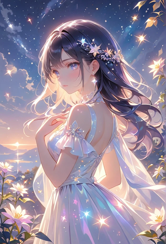 A girl standing alone under the starry night sky, with her silhouette illuminated by the soft moonlight and twinkling stars. Her face is beautifully detailed, with mesmerizing eyes that seem to reflect the universe itself, long and fluttering eyelashes, and exquisitely defined lips. She has very very long dark navy hair that shimmers like the starry sky and is dressed in an elegant gown, flowing and ethereal, embracing her figure gracefully as it glimmers with a subtle celestial glow. The intricate details of her dress catch the faint starlight, creating a mesmerizing sparkle. The surrounding landscape showcases a serene garden, lush with vibrant foliage and colorful flowers. The air is filled with a gentle breeze, causing the leaves to rustle and the flowers to sway delicately. The garden is bathed in a dreamy color palette, with hues of deep blues, purples, and hints of silver. The atmosphere is calm and tranquil, evoking a sense of peace and serenity. The artwork is of the highest quality, meticulously created with ultra-detailed brushstrokes and precise attention to every element. The texture and depth of the painting are breathtaking, with a sense of realism and photorealism that captures the awe-inspiring beauty of the night sky. The lighting is soft and diffused, casting a gentle glow over the entire scene, enhancing the magical ambiance. The girl's presence radiates a sense of mystery and wonder, as if she holds a secret connected to the celestial beings above. The overall composition evokes a feeling of timelessness and captures the essence of a StarSign, an artwork that embodies the celestial beauty and inner strength of a girl in harmony with the stars. Ai-generated 