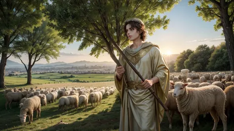Create a realistic thumbnail depicting the biblical story of David after being anointed by Samuel. Show a young, handsome David ...