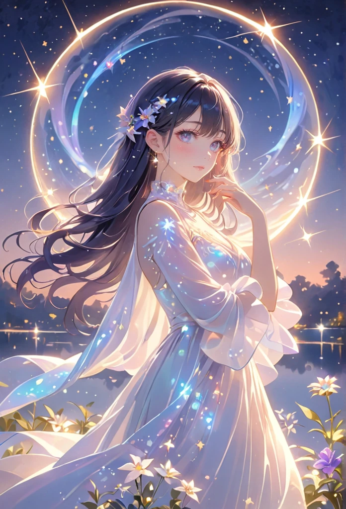 A girl standing alone under the starry night sky, with her silhouette illuminated by the soft moonlight and twinkling stars. Her face is beautifully detailed, with mesmerizing eyes that seem to reflect the universe itself, long and fluttering eyelashes, and exquisitely defined lips. She has very very long dark navy hair that shimmers like the starry sky and is dressed in an elegant gown, flowing and ethereal, embracing her figure gracefully as it glimmers with a subtle celestial glow. The intricate details of her dress catch the faint starlight, creating a mesmerizing sparkle. The surrounding landscape showcases a serene garden, lush with vibrant foliage and colorful flowers. The air is filled with a gentle breeze, causing the leaves to rustle and the flowers to sway delicately. The garden is bathed in a dreamy color palette, with hues of deep blues, purples, and hints of silver. The atmosphere is calm and tranquil, evoking a sense of peace and serenity. The artwork is of the highest quality, meticulously created with ultra-detailed brushstrokes and precise attention to every element. The texture and depth of the painting are breathtaking, with a sense of realism and photorealism that captures the awe-inspiring beauty of the night sky. The lighting is soft and diffused, casting a gentle glow over the entire scene, enhancing the magical ambiance. The girl's presence radiates a sense of mystery and wonder, as if she holds a secret connected to the celestial beings above. The overall composition evokes a feeling of timelessness and captures the essence of a StarSign, an artwork that embodies the celestial beauty and inner strength of a girl in harmony with the stars. Ai-generated 