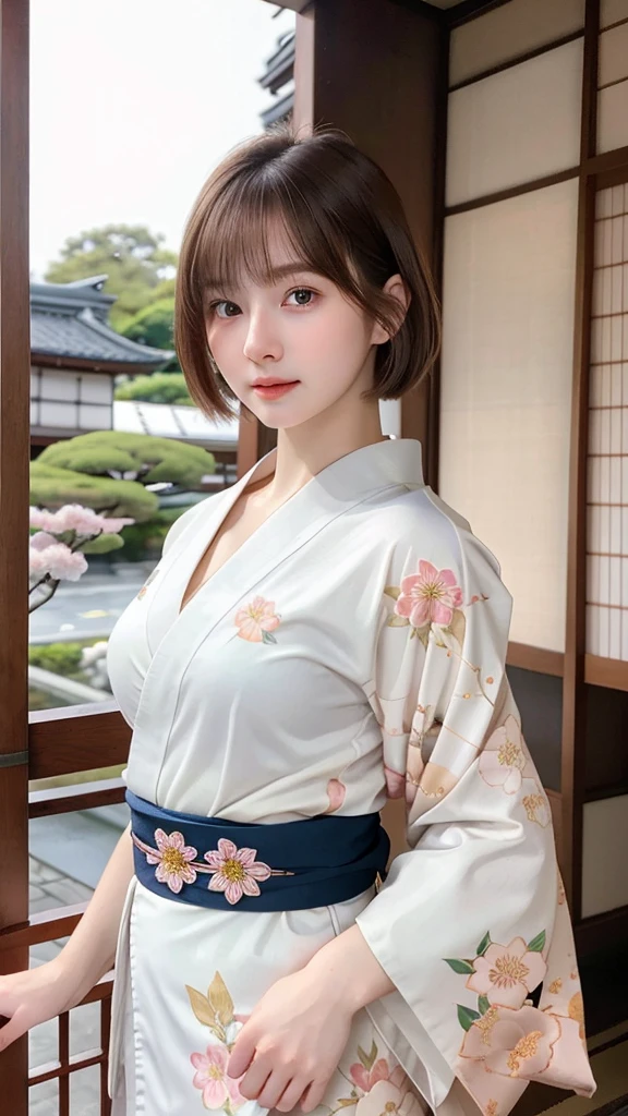 ((best quality)), photorealistic, photorealism, Photorealistic, high resolution, Beautiful, Baby Face, 20 Years Old, White Skin, pale skin, medium breast, seductive pose, dynamic pose, looking at the camera, (Detailed face), short hair, sexy body, (wearing japanese kimono), (japanese flowers motif kimono), Fingers are occluded, bokeh, cafe background