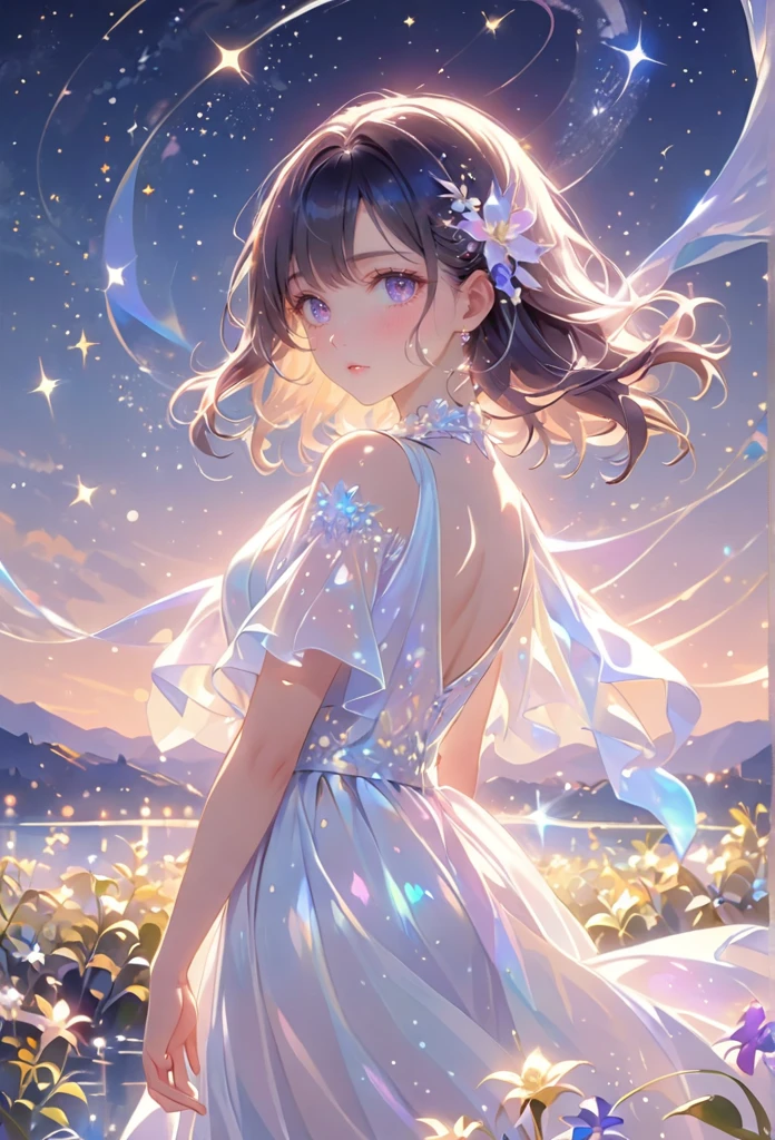 A girl standing alone under the starry night sky, with her silhouette illuminated by the soft moonlight and twinkling stars. Her face is beautifully detailed, with mesmerizing eyes that seem to reflect the universe itself, long and fluttering eyelashes, and exquisitely defined lips. She has knee length dark navy hair that shimmers like the starry sky and is dressed in an elegant gown, flowing and ethereal, embracing her figure gracefully as it glimmers with a subtle celestial glow. The intricate details of her dress catch the faint starlight, creating a mesmerizing sparkle. The surrounding landscape showcases a serene garden, lush with vibrant foliage and colorful flowers. The air is filled with a gentle breeze, causing the leaves to rustle and the flowers to sway delicately. The garden is bathed in a dreamy color palette, with hues of deep blues, purples, and hints of silver. The atmosphere is calm and tranquil, evoking a sense of peace and serenity. The artwork is of the highest quality, meticulously created with ultra-detailed brushstrokes and precise attention to every element. The texture and depth of the painting are breathtaking, with a sense of realism and photorealism that captures the awe-inspiring beauty of the night sky. The lighting is soft and diffused, casting a gentle glow over the entire scene, enhancing the magical ambiance. The girl's presence radiates a sense of mystery and wonder, as if she holds a secret connected to the celestial beings above. The overall composition evokes a feeling of timelessness and captures the essence of a StarSign, an artwork that embodies the celestial beauty and inner strength of a girl in harmony with the stars. Ai-generated 