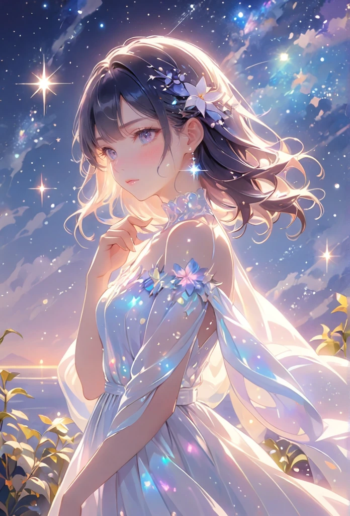 A girl standing alone under the starry night sky, with her silhouette illuminated by the soft moonlight and twinkling stars. Her face is beautifully detailed, with mesmerizing eyes that seem to reflect the universe itself, long and fluttering eyelashes, and exquisitely defined lips. She has knee length dark navy hair that shimmers like the starry sky and is dressed in an elegant gown, flowing and ethereal, embracing her figure gracefully as it glimmers with a subtle celestial glow. The intricate details of her dress catch the faint starlight, creating a mesmerizing sparkle. The surrounding landscape showcases a serene garden, lush with vibrant foliage and colorful flowers. The air is filled with a gentle breeze, causing the leaves to rustle and the flowers to sway delicately. The garden is bathed in a dreamy color palette, with hues of deep blues, purples, and hints of silver. The atmosphere is calm and tranquil, evoking a sense of peace and serenity. The artwork is of the highest quality, meticulously created with ultra-detailed brushstrokes and precise attention to every element. The texture and depth of the painting are breathtaking, with a sense of realism and photorealism that captures the awe-inspiring beauty of the night sky. The lighting is soft and diffused, casting a gentle glow over the entire scene, enhancing the magical ambiance. The girl's presence radiates a sense of mystery and wonder, as if she holds a secret connected to the celestial beings above. The overall composition evokes a feeling of timelessness and captures the essence of a StarSign, an artwork that embodies the celestial beauty and inner strength of a girl in harmony with the stars. Ai-generated 