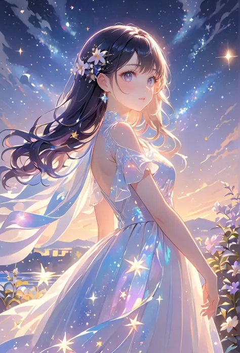 A girl standing alone under the starry night sky, with her silhouette illuminated by the soft moonlight and twinkling stars. Her...