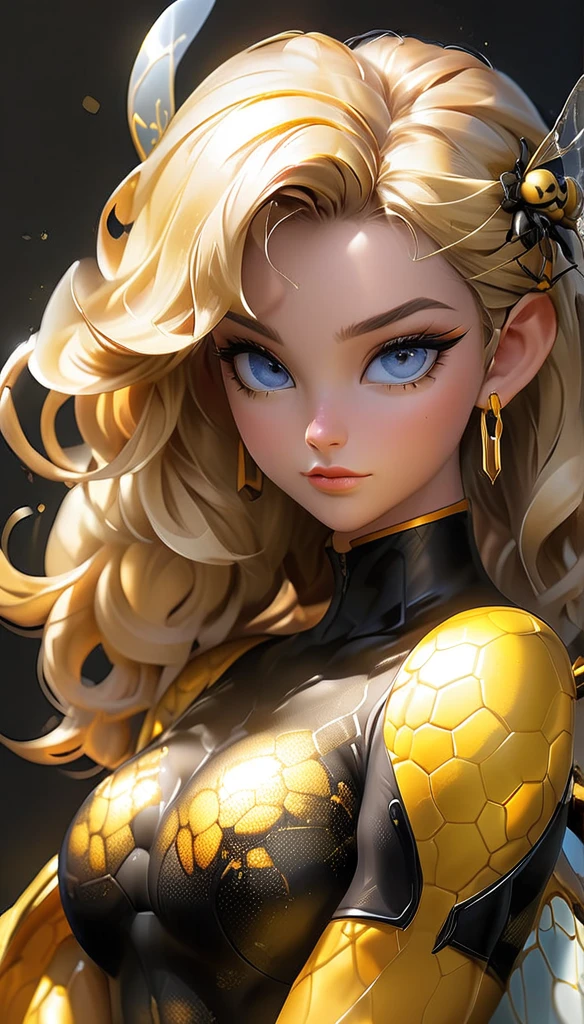 impresionante y seductora ilustración estilo pin-up con espíritu anime, con una niña abeja segura y curvilínea con cabello rubio y un toque único. Destaca su poderoso físico., con muslos musculosos y abdomen tonificado, acentuado por su atuendo con temática animal. Entre sus rasgos más llamativos se encuentra su voluminoso cabello rubio., brillando con reflejos dorados, y su gran, cautivadores ojos azules con un toque de brillo parecido a la miel. Imagínala posando seductoramente., mostrando sus amplios activos, incluyendo sus pechos prominentes y muslos gruesos, mientras se pone una combinación creativa de atuendo inspirado en las abejas, tal vez con alas translúcidas y un aguijón juguetón. La paleta de colores debe ser cálida y acogedora, con suaves tonos dorados y toques de ámbar y amarillo, reflejando la esencia de la miel y el sol. La iluminación debe ser suave y favorecedora., creando una atmósfera de ensueño y etérea. Esta niña abeja encarna fuerza y sensualidad., cautivando a los espectadores con su combinación única de encanto animal y atractivo anime.."