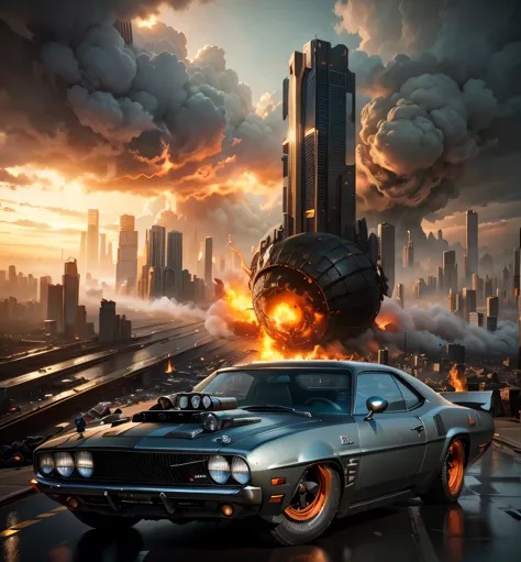 there is a muscle Dodge car that is parked in front of a city, apocalyptic city backround, 3 d render and matte painting, apocalyptic future city, burning city background, concept design art octane render, futuristic city backgrond, in fantasy sci - fi city, stuning fantasy 3 d render, apocalyptic city, skyscrapers and flying cars, concept art octane render