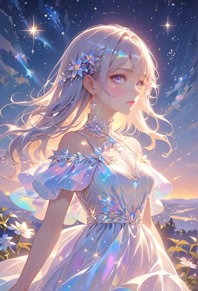 A girl standing alone under the starry night sky, with her silhouette illuminated by the soft moonlight and twinkling stars. Her face is beautifully detailed, with mesmerizing eyes that seem to reflect the universe itself, long and fluttering eyelashes, and exquisitely defined lips. She has straight hair that shimmers like the starry sky and is dressed in an elegant gown, flowing and ethereal, embracing her figure gracefully as it glimmers with a subtle celestial glow. The intricate details of her dress catch the faint starlight, creating a mesmerizing sparkle. The surrounding landscape showcases a serene garden, lush with vibrant foliage and colorful flowers. The air is filled with a gentle breeze, causing the leaves to rustle and the flowers to sway delicately. The garden is bathed in a dreamy color palette, with hues of deep blues, purples, and hints of silver. The atmosphere is calm and tranquil, evoking a sense of peace and serenity. The artwork is of the highest quality, meticulously created with ultra-detailed brushstrokes and precise attention to every element. The texture and depth of the painting are breathtaking, with a sense of realism and photorealism that captures the awe-inspiring beauty of the night sky. The lighting is soft and diffused, casting a gentle glow over the entire scene, enhancing the magical ambiance. The girl's presence radiates a sense of mystery and wonder, as if she holds a secret connected to the celestial beings above. The overall composition evokes a feeling of timelessness and captures the essence of a StarSign, an artwork that embodies the celestial beauty and inner strength of a girl in harmony with the stars. Ai-generated 