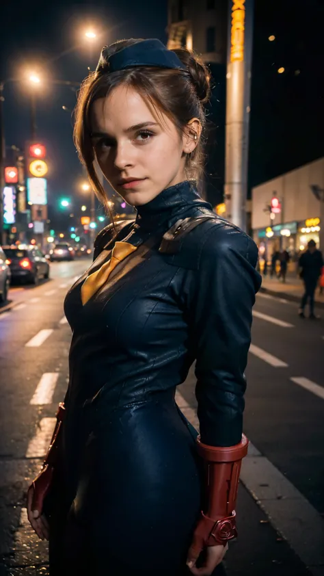 (masterpiece), (best quality), (solo, 1girl), (photorealistic1.4), (emma watson)  (sfjuli latex costume), (sfjuli bodysuit), bro...