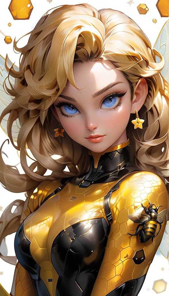 stunning and seductive pin-up style illustration in the spirit of anime, featuring a confident and curvaceous bee-girl with blonde hair and a unique twist. Emphasize her powerful physique, with muscular thighs and a toned abdomen, accentuated by her animal-themed outfit. Her most striking features include her voluminous blonde hair, glowing with golden highlights, and her large, captivating blue eyes. Imagine her posing seductively, showcasing her ample assets, including her prominent breasts and thick thighs, while donning a creative blend of bee-inspired attire, perhaps with translucent wings and a playful stinger. The color palette should be warm and inviting, with soft golden hues and pops of amber and yellow, reflecting the essence of honey and sunshine. The lighting should be soft and flattering, creating a dreamy and ethereal atmosphere. This bee-girl embodies both strength and sensuality, captivating viewers with her unique blend of animalistic charm and anime allure."