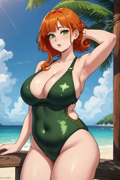 masterpiece, best quality, 4k, high res, detailed, 1girl, orange hair, green eyes, pale skin, wearing one-piece swimsuit, chubby...