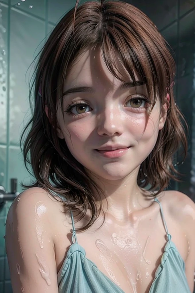 a cute wet girl in the shower, smiling, in love, detailed face, beautiful eyes, long eyelashes, detailed lips, perfect skin, wavy wet hair, steam, soap bubbles, warm lighting, pastel colors, cinematic, photorealistic, 8k, hyper detailed