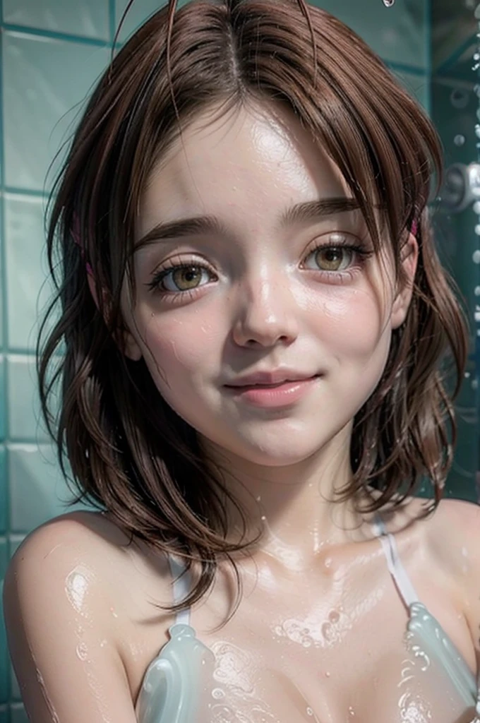 a cute wet girl in the shower, smiling, in love, detailed face, beautiful eyes, long eyelashes, detailed lips, perfect skin, wavy wet hair, steam, soap bubbles, warm lighting, pastel colors, cinematic, photorealistic, 8k, hyper detailed