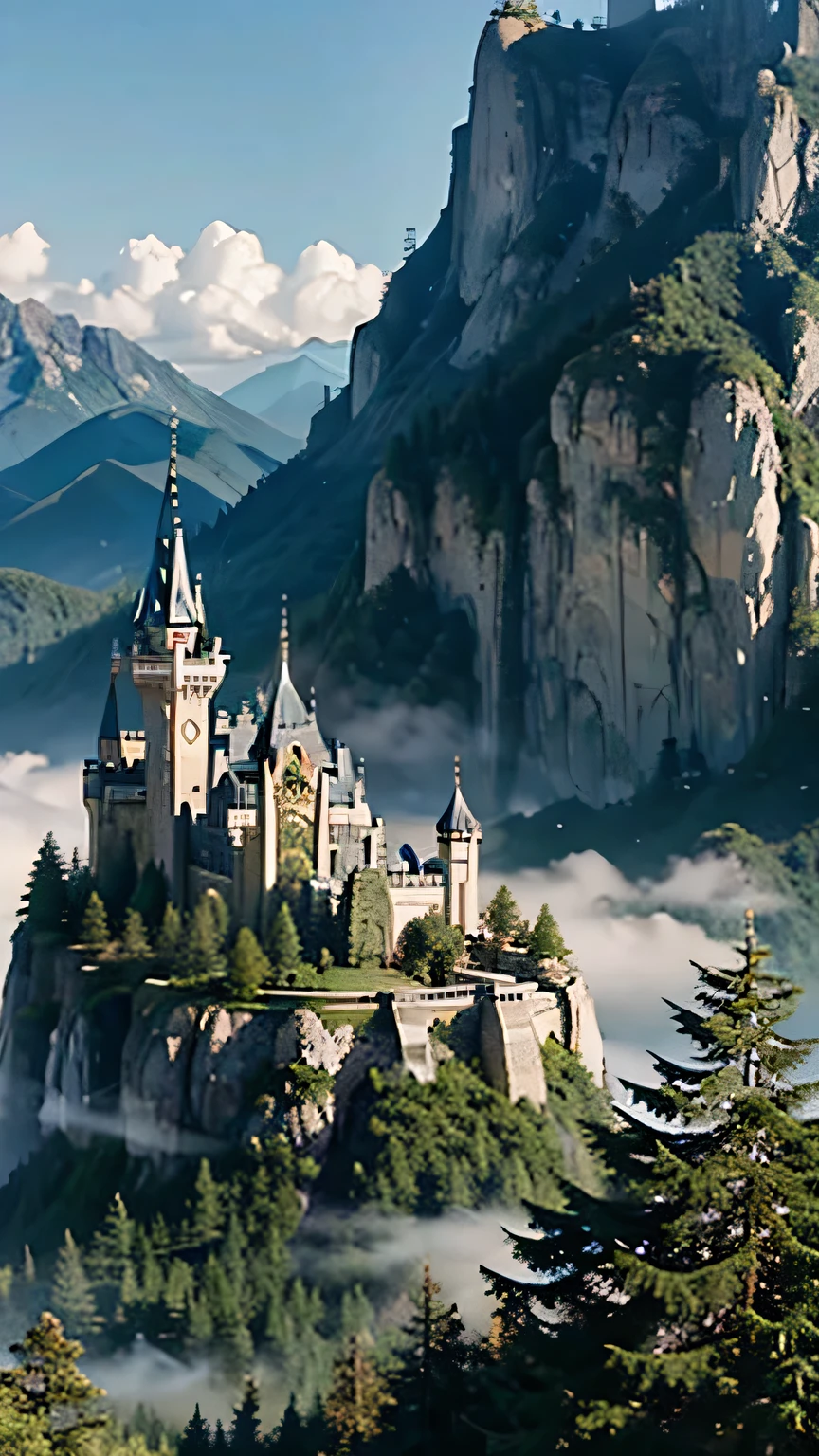 fairytale citadel on a hillside,fantasy architecture,very tall mountains,plants,decor,a light beautiful place, fantastic view,ethereal cosmic fantasy sunbeams, extreme details, fresh, airy