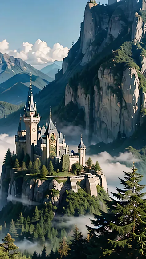 fairytale citadel on a hillside,fantasy architecture,very tall mountains,plants,decor,a light beautiful place, fantastic view,et...
