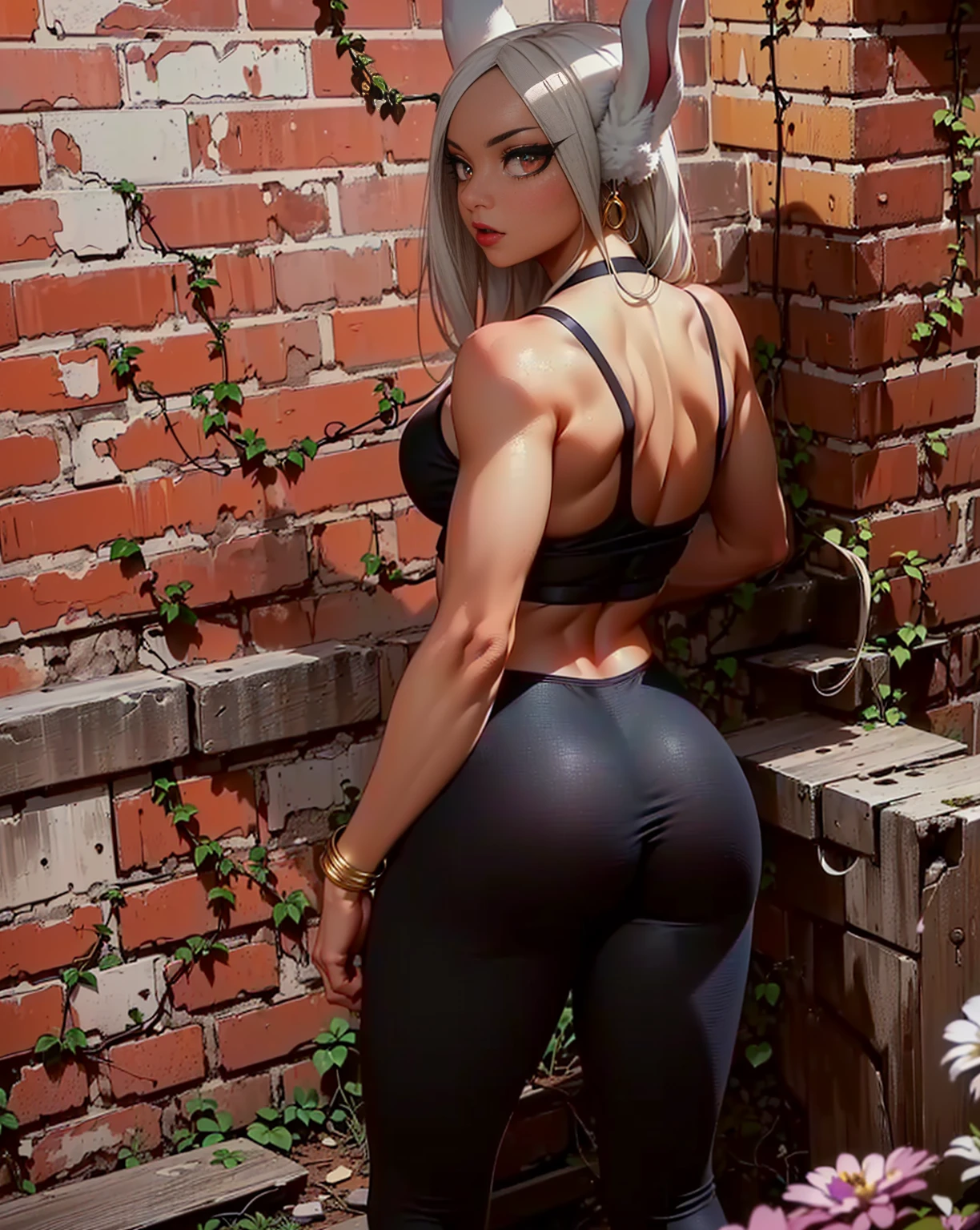 (((1girl, solo, mirko, mirkomha, boku no hero academia, (white hair, red eyes, long hair, rabbit ears, dark skin), lipstick, gold earrings, muscular, fitness)), sensual pose, Beautiful, bracelets, diamond necklace)), ((solo, 1woman, pink lipstick, Extremely detailed, ambient soft lighting, 4k, perfect eyes, a perfect face, perfect lighting, a 1girl)), austere, ((fitness,, shapely body, athletic body, toned body)), ((black tank top, black leggings, lycra clothing, looking back, abandoned factory, column with vines, brick walls, mosses, bracelets, flowers))