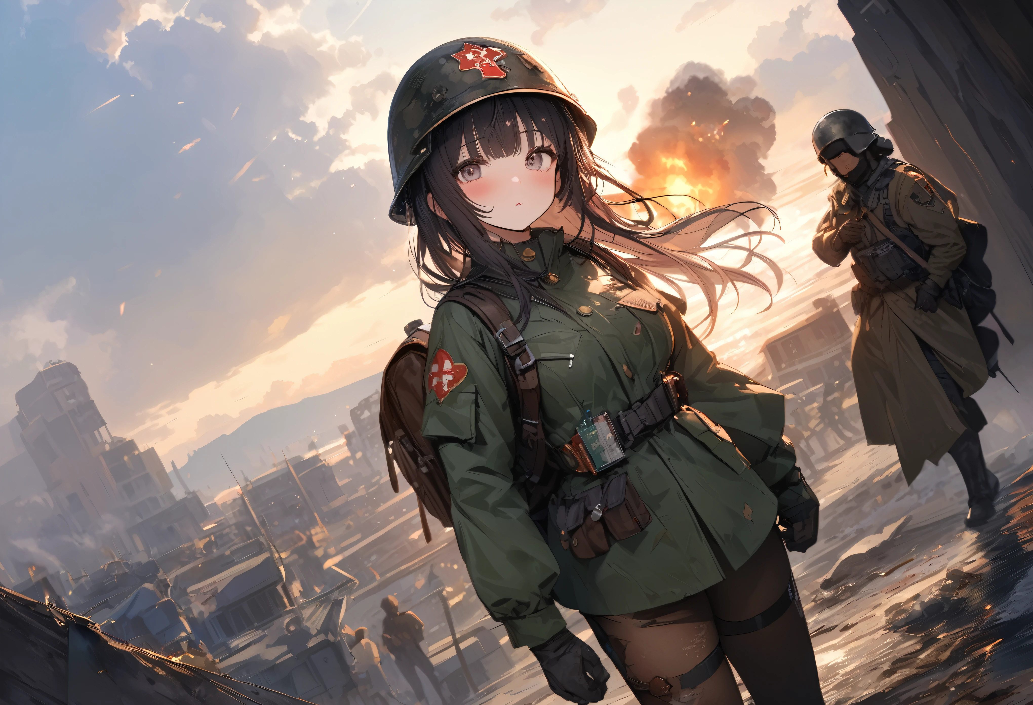 
quality\(masterpiece, best quality,8k,wallpaper of extremely detailed CG unit,hight resolution,top-quality,top-quality real texture skin,hyper realisitic,increase the resolution,RAW photos,best qualtiy,highly detailed,the wallpaper\), BREAK ,(2girl and 1soldier\(injured\):1.4),2girl\(20 years old,field nurse,military nurse,army nurse,beautiful,big eyes,luscious body,american,long hair,facemask, military camouflage suite, military caouflage helmet, backpack,medical treating soldier\(injured,bloody,\)\), BREAK ,background\(battle field, get shot\(bullets\),,bombing\(explosion\)\),(dynamic angle:1.8),dynamic pose,long shot,landscape,