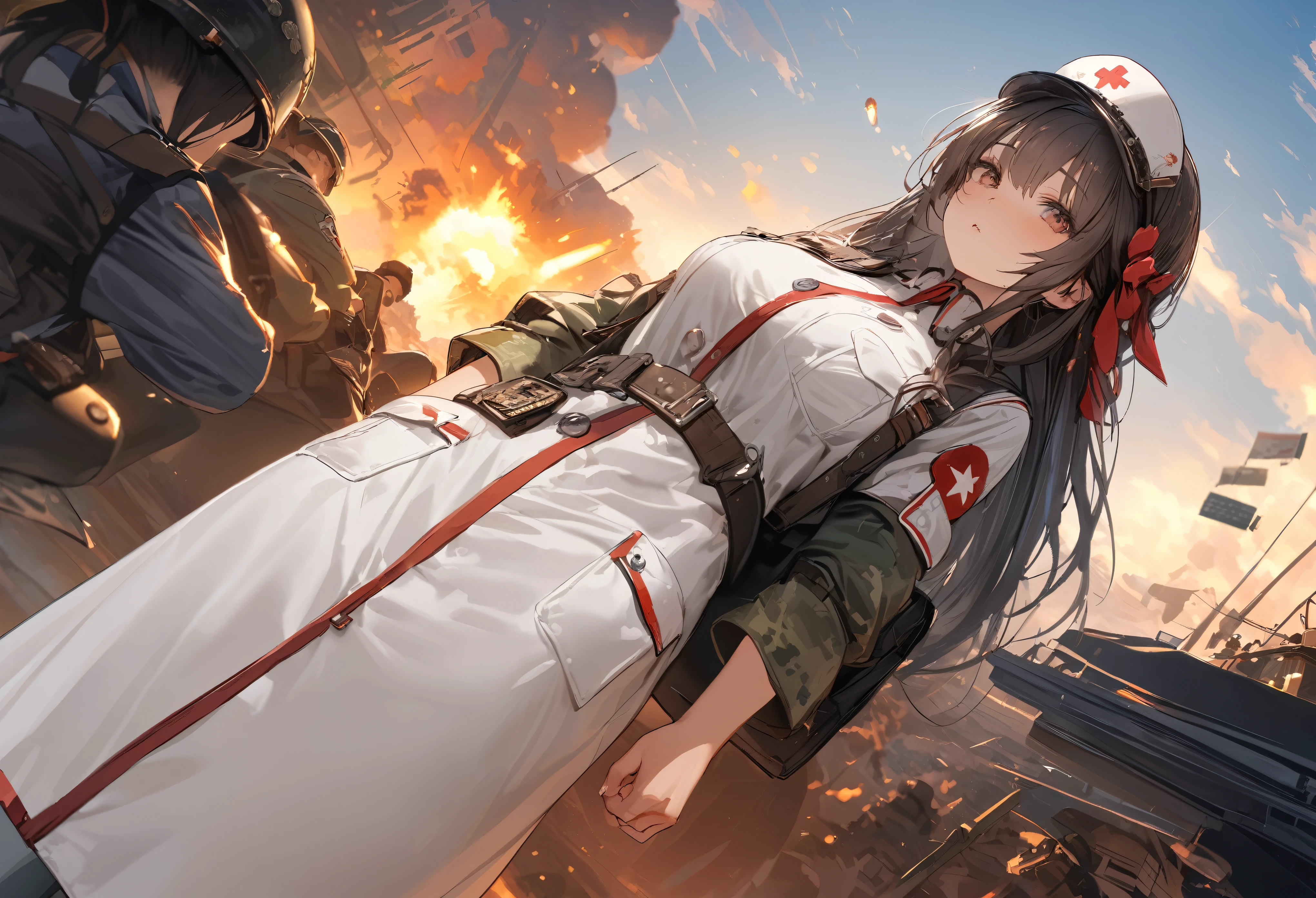 
quality\(masterpiece, best quality,8k,wallpaper of extremely detailed CG unit,hight resolution,top-quality,top-quality real texture skin,hyper realisitic,increase the resolution,RAW photos,best qualtiy,highly detailed,the wallpaper\), BREAK ,2girl\(20 years old,field nurse,military nurse,army nurse,beautiful,big eyes,luscious body,american,long hair,facemask, military camouflage suite, military caouflage helmet, backpack,medical treating soldier\(injured,bloody,\)\), BREAK ,background\(battle field, get shot\(bullets\),,bombing\(explosion\)\),(dynamic angle:1.8),dynamic pose,long shot,landscape,