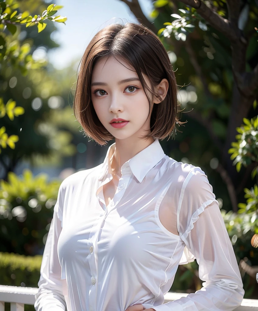 ((best quality, 8k, masterpiece :1.3)), sharp focus :1.2, pretty girl with perfect body :1.4, slim abs :1.2, ((layered haircuts, big bust :1.2)), (Wet white button-up long shirt :1.3), (rain, distance:1.2), wet body :1.5, Highly detailed face and skin texture, detailed eyes, double eyelid