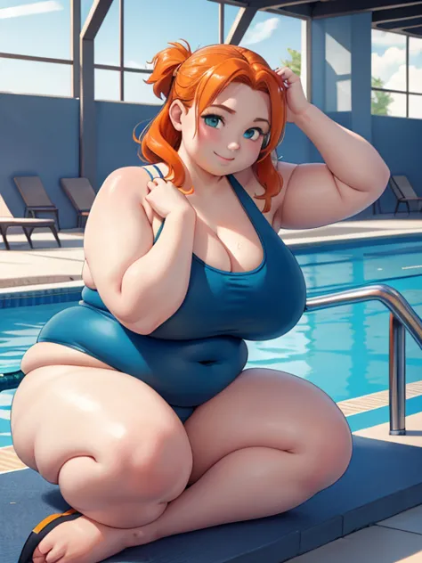 (masterpiece, best quality), 1girl, orange hair, green eyes, pale skin, wearing a dark blue one-piece swimsuit, Chubby, Chubby F...