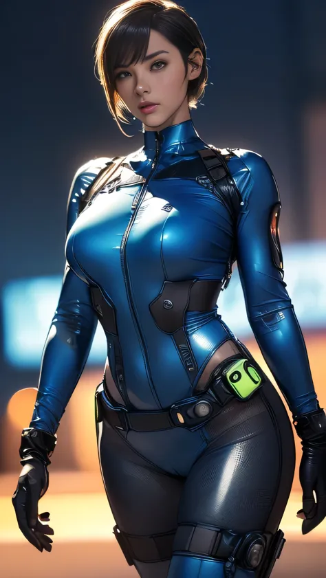 (A woman),(((A female member of the Future Force stands))),((Shiny dark blue tactical high leg bodysuit:1.5)),((earphone:1.5)),(...