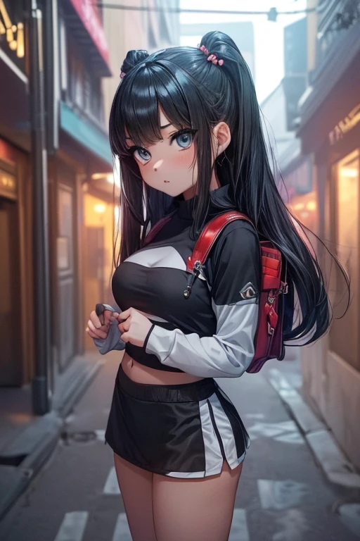 ((masterpiece, best quality, perfect eyes, perfect face, perfect anatomy, perfect lighting , ((Busty Bitches)), 1girl(Young girl)))  Ecchi chibi Pokemon girl in miniskirt(baby face, looking at viewer nervously, about to be raped by viewer, heavy make up),  (nighttime dark alley of town)