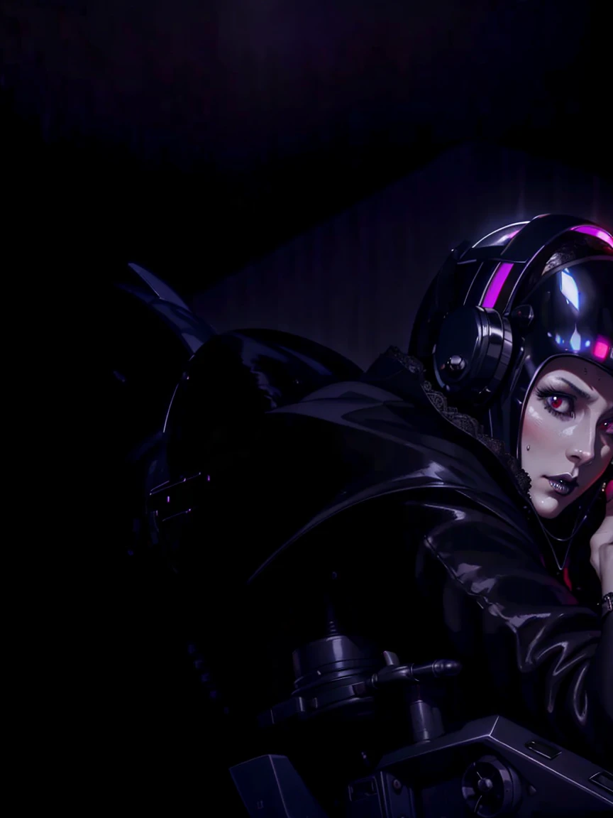 (((gothic vampire piloting) in gothic spacecraft)), (((retro anime))), ((from below)), ((120 fov)), ((((gothic)) control panels)), (((mature))), (((gothic))), (iridescent) bodysuit, ((((lace accessories)))), ((pilot seat)), ((((lying back)) pose)), (((elegant))), (((serious tone))), ((cockpit top control panel)), intricate control panel details, close-up, 1990s (style), masterpiece, ((claustrophobic)), best quality, screens, ((pilot helmet)), night, ((low key light)), (colorful cockpit lights), sparkles, (dramatic lighting), sweat, [blushing], [[pointy ears]], ((dark background))