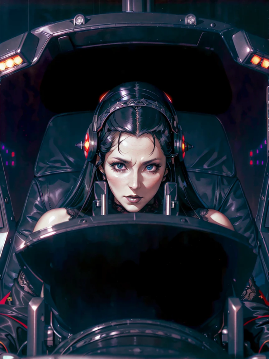 (((gothic vampire piloting) in gothic spacecraft)), (((retro anime))), ((from below)), ((120 fov)), ((((gothic)) control panels)), (((mature))), (((gothic))), (iridescent) bodysuit, ((((lace accessories)))), ((pilot seat)), ((((lying back)) pose)), (((elegant))), (((serious tone))), ((cockpit top control panel)), intricate control panel details, close-up, 1990s (style), masterpiece, ((claustrophobic)), best quality, screens, ((pilot helmet)), night, ((low key light)), (colorful cockpit lights), sparkles, (dramatic lighting), sweat, [blushing], [[pointy ears]], ((dark background))