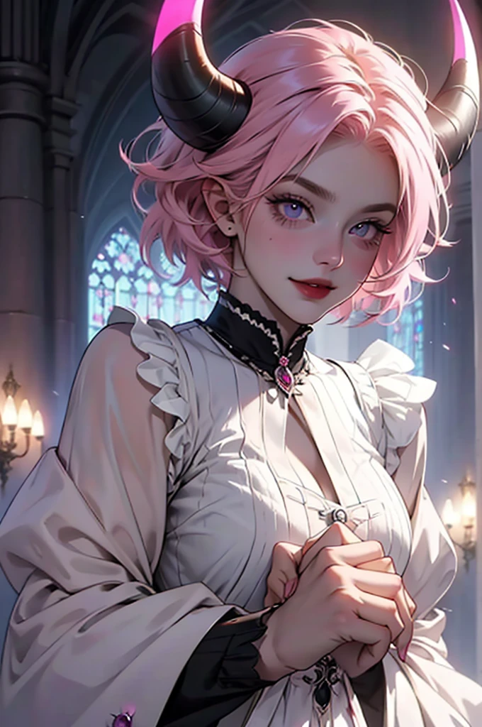 butler outfit, short pink hair, hypdertailed, purples eyes, ashen skin, demon, claws, goat horns, bangss, gothic art, full body shot shot, elegant pose, ssmile, Romanticism, work of art, anatomically correcte, high qualiy, super detaill, best qualityer, 4K, 8k, Perfect Woman, the most beautiful woman, her face has to be symmetrical and beautiful, baby pink hair