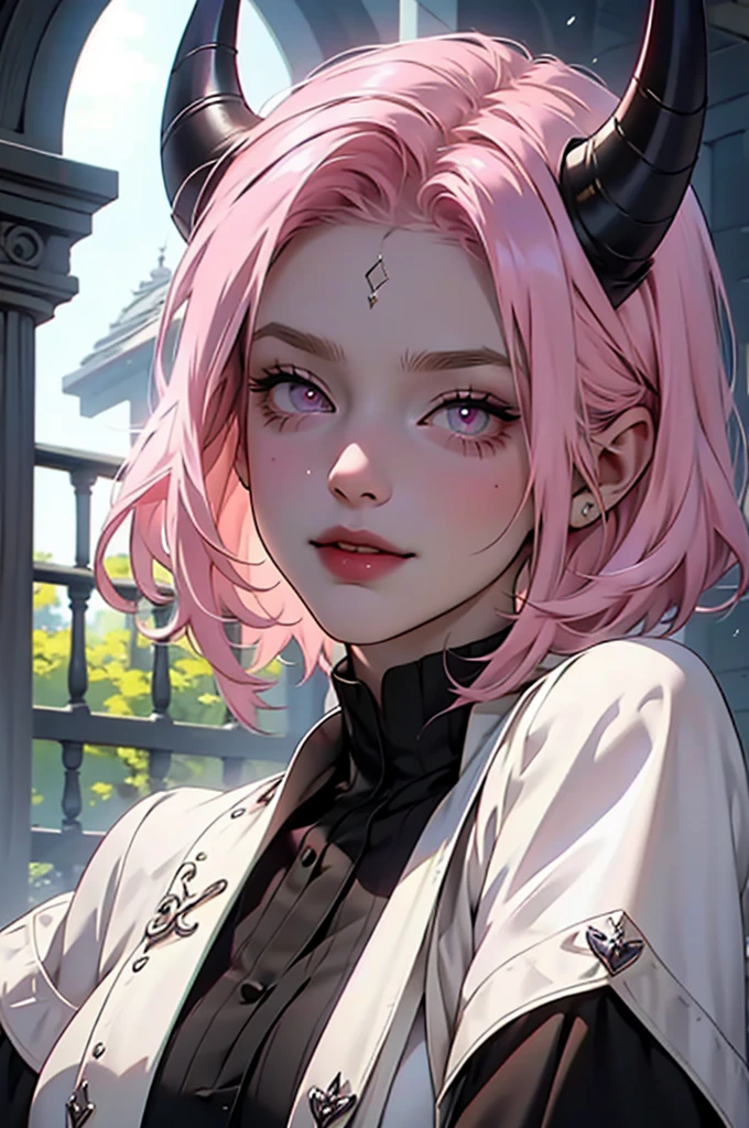 butler outfit, short pink hair, hypdertailed, purples eyes, ashen skin, demon, claws, goat horns, bangss, gothic art, full body shot shot, elegant pose, ssmile, Romanticism, work of art, anatomically correcte, high qualiy, super detaill, best qualityer, 4K, 8k, Perfect Woman, the most beautiful woman, her face has to be symmetrical and beautiful, baby pink hair