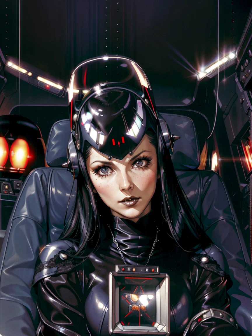 (((gothic vampire piloting) in gothic spacecraft)), (((retro anime))), ((from below)), ((120 fov)), ((((gothic)) control panels)), (((mature))), (((gothic))), (iridescent) bodysuit, ((((lace accessories)))), ((pilot seat)), ((((lying back)) pose)), (((elegant))), (((serious tone))), ((cockpit top control panel)), intricate control panel details, close-up, 1990s (style), masterpiece, ((claustrophobic)), best quality, screens, ((pilot helmet)), night, ((low key light)), (colorful cockpit lights), sparkles, (dramatic lighting), sweat, [blushing], [[pointy ears]], (dark background)