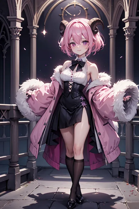 butler outfit, short pink hair, hypdertailed, purples eyes, ashen skin, demon, claws, goat horns, bangss, gothic art, full body ...