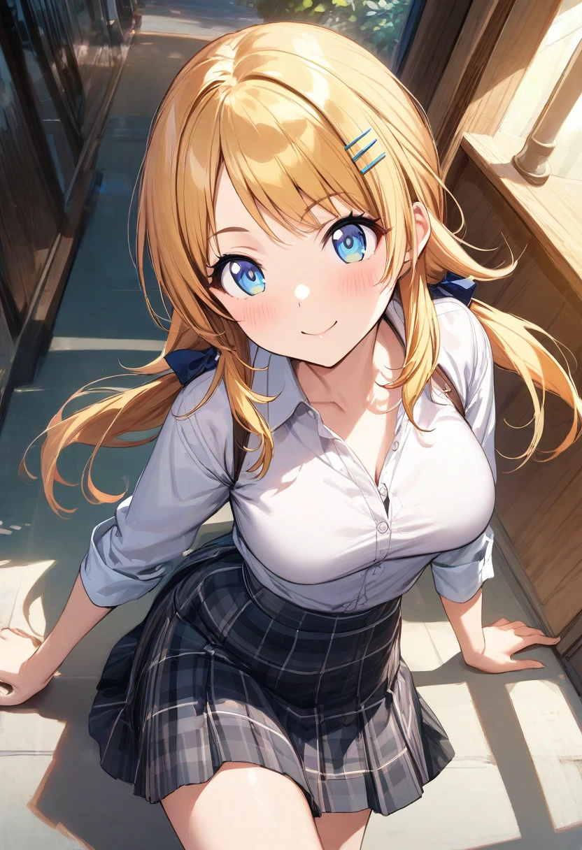 (masterpiece), (best quality), (ultra-detailed), (best illustration), (best shadow), (absurdres), (detailed background), (very aesthetic), meguru hachimiya, 1girl, blonde hair, skirt, solo, blue eyes, hair ornament, smile, plaid, breasts, twintails, plaid skirt, hairclip, looking at viewer, shirt, long hair