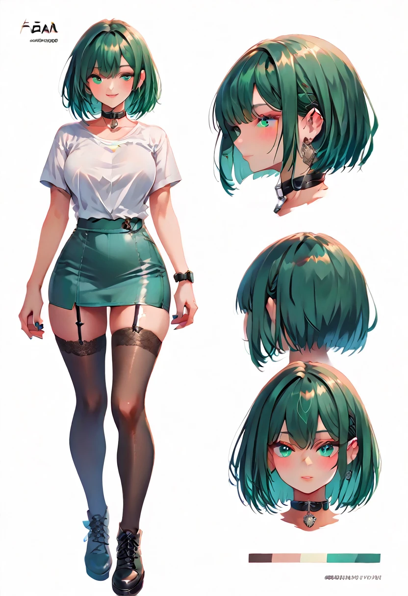 (((Reference sheet))),(((character sheet))), beautiful girl, ((sexy thin body)) green bob hair, bob hair,  green eyes, black collar, (light colours), sexy, anime(((big chest Double D's)), black nail polish, full body. Black stockings, green  higheels , jean pencil skirt,red v-neck shirt,  black collar, white watch, close up