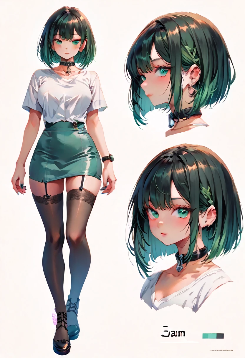 (((Reference sheet))),(((character sheet))), beautiful girl, ((sexy thin body)) green bob hair, bob hair,  green eyes, black collar, (light colours), sexy, anime(((big chest Double D's)), black nail polish, full body. Black stockings, green  higheels , jean pencil skirt,red v-neck shirt,  black collar, white watch, close up