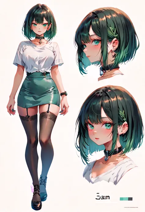 (((Reference sheet))),(((character sheet))), beautiful girl, ((sexy thin body)) green bob hair, bob hair,  green eyes, black col...