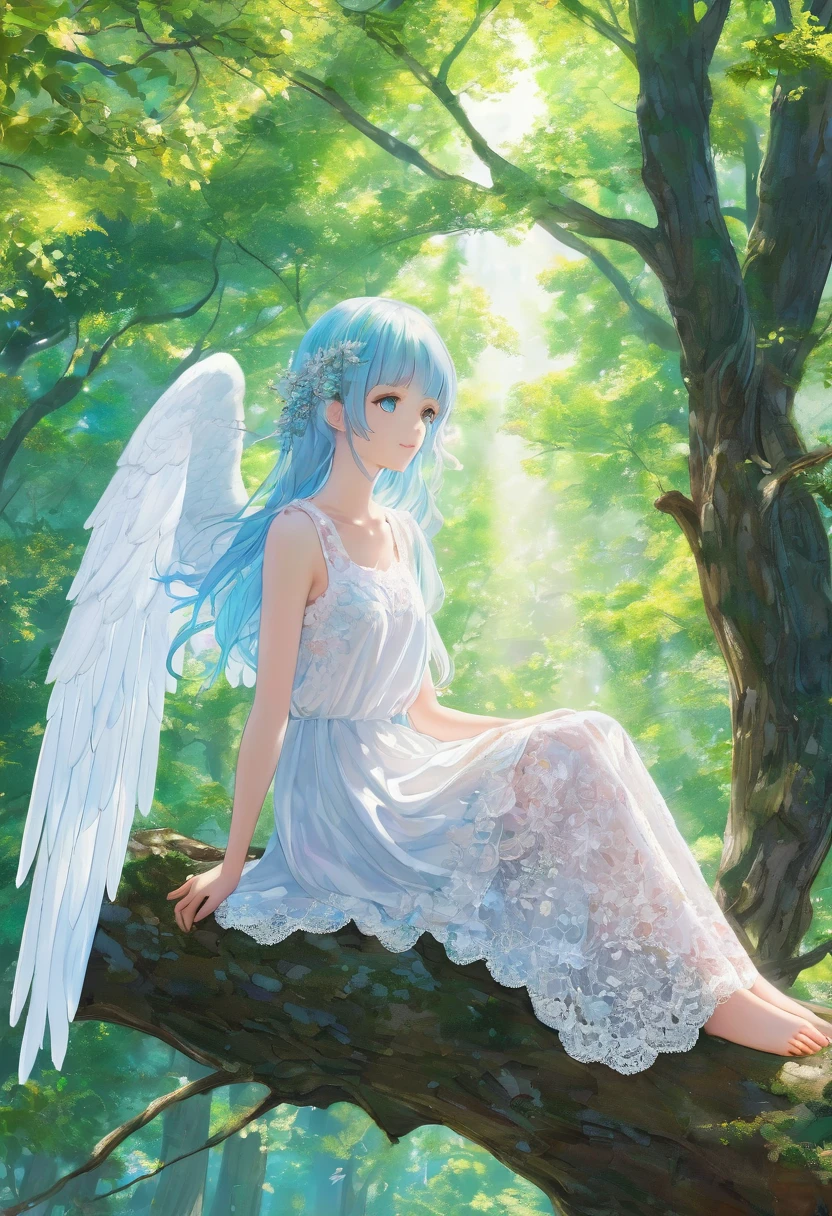 Colored pencil、Light Hue、(masterpiece:1.2),(anime),An angel resting its wings on a tree、Beautiful views、cute、Wings closed、Sitting on a tree、Light effects、in the forest、White lace dress,blue eyes,Light blue hair