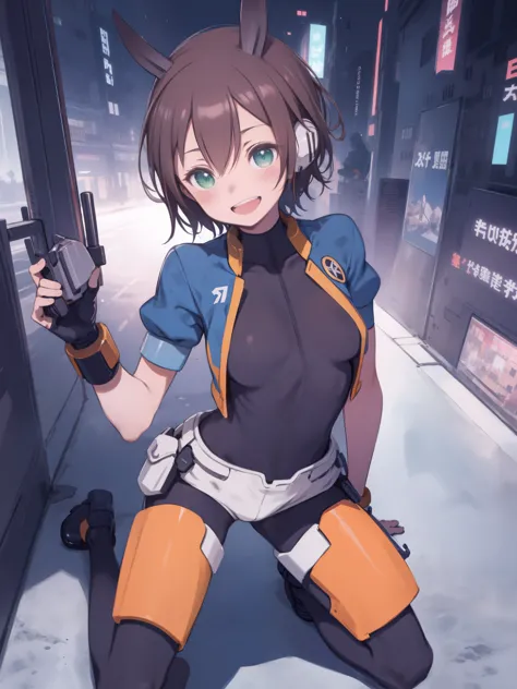 aile_megamanzx, kneeling with one hand on the ground and the other arm raised, 1girl, solo, short hair, brown hair, short sleeve...