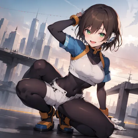 aile_megamanzx, kneeling with one hand on the ground and the other arm raised, 1girl, solo, short hair, brown hair, short sleeve...