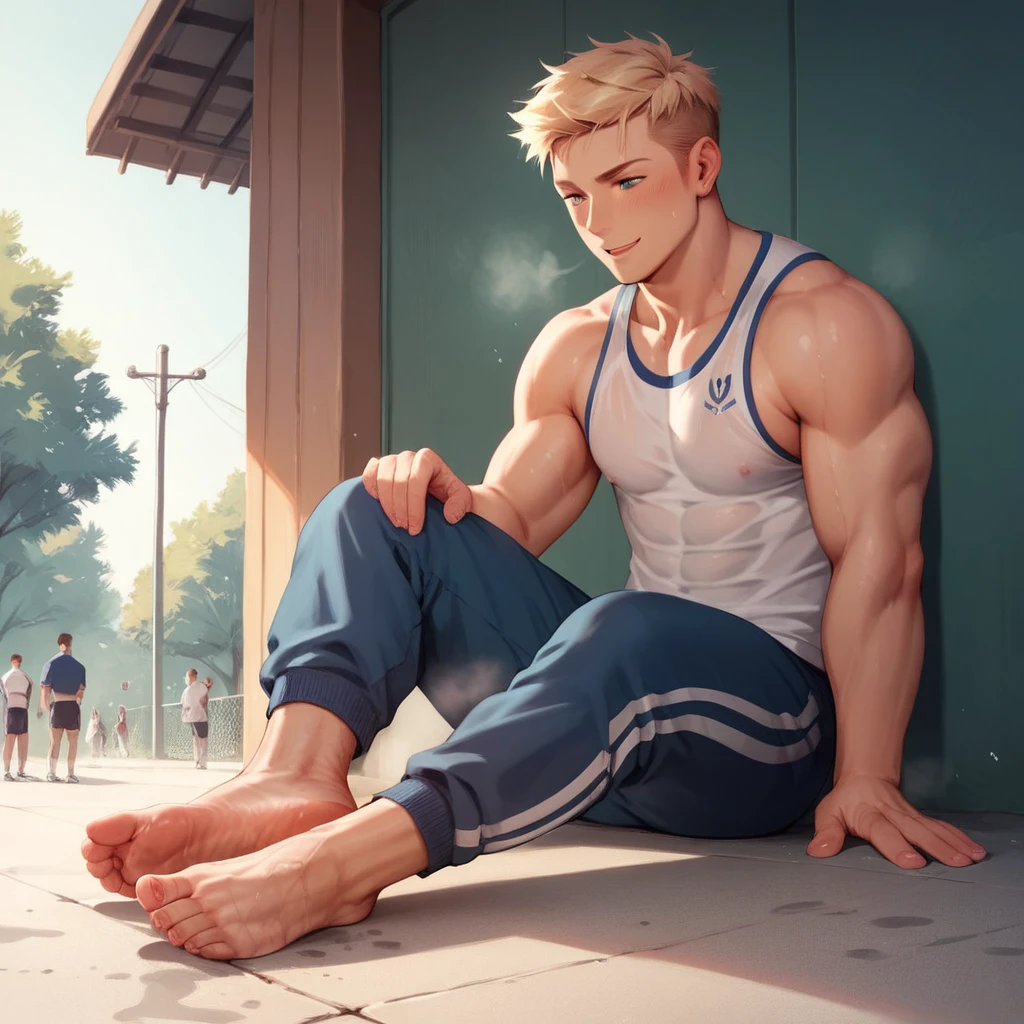 School sports boy showing smelly 
feet in public 